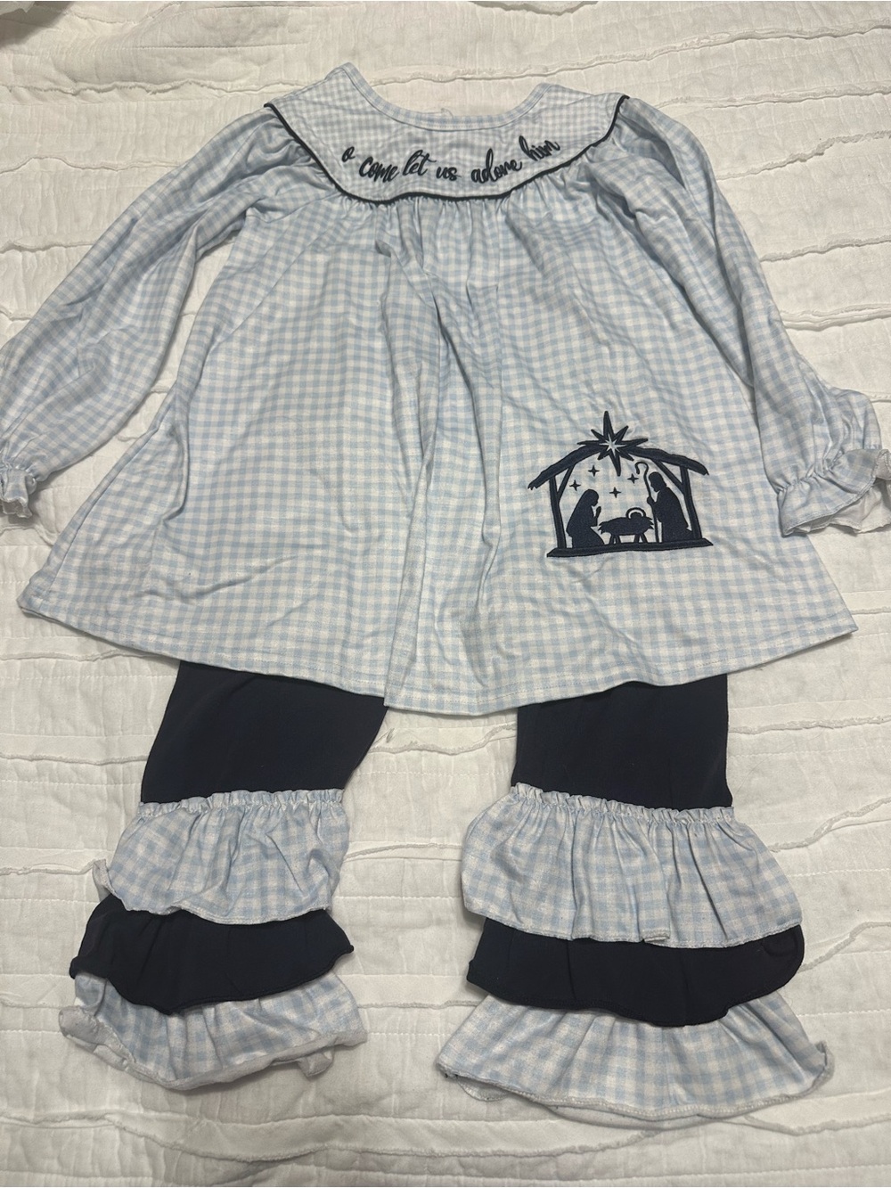 Girls Blue Plaid Nativity Ruffle Pajama Set by